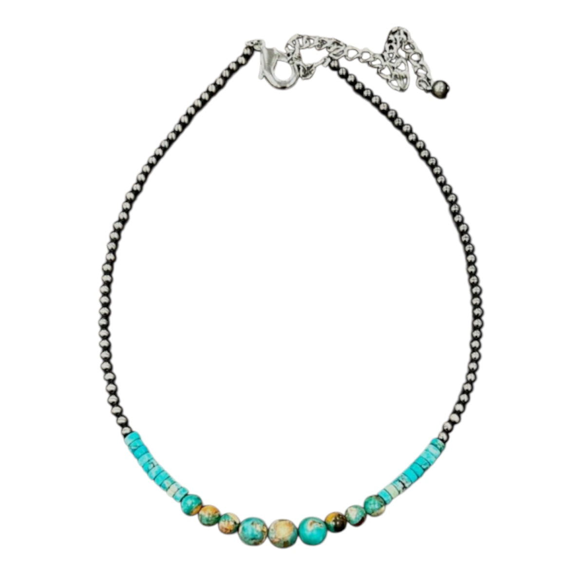 16" to 21" Long, Handmade Clustered Gemstone & 4mm Polish Navajo Bead Necklace 739592