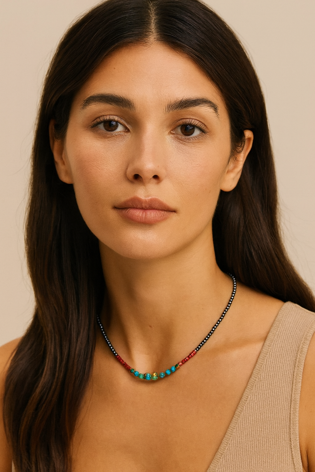 16" to 21" Long, Handmade Clustered Gemstone & 4mm Polish Navajo Bead Necklace 739593