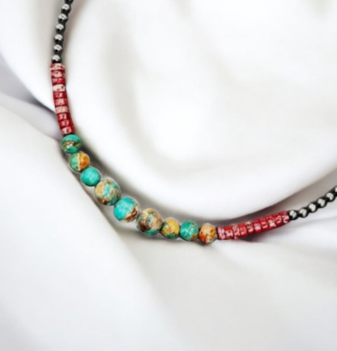 16" to 21" Long, Handmade Clustered Gemstone & 4mm Polish Navajo Bead Necklace 739593