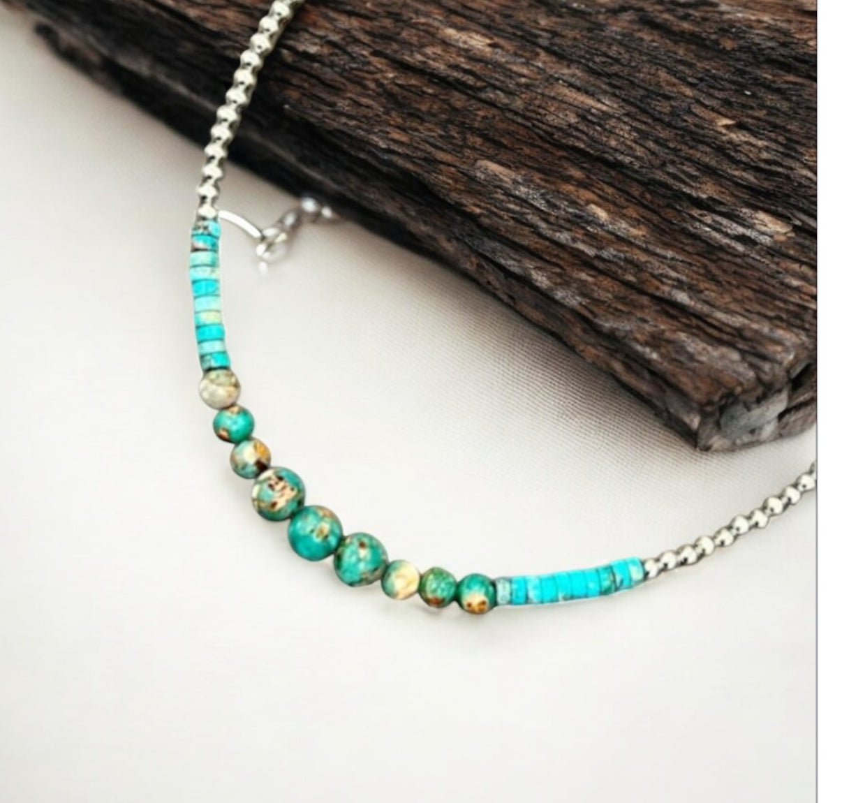 16" to 21" Long, Handmade Clustered Gemstone & 4mm Silver Navajo Bead Necklace 739594
