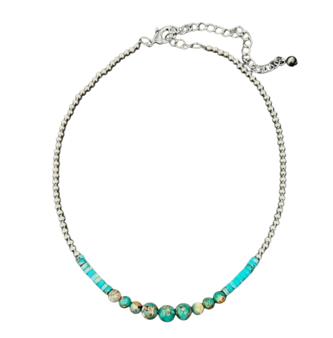 16" to 21" Long, Handmade Clustered Gemstone & 4mm Silver Navajo Bead Necklace 739594