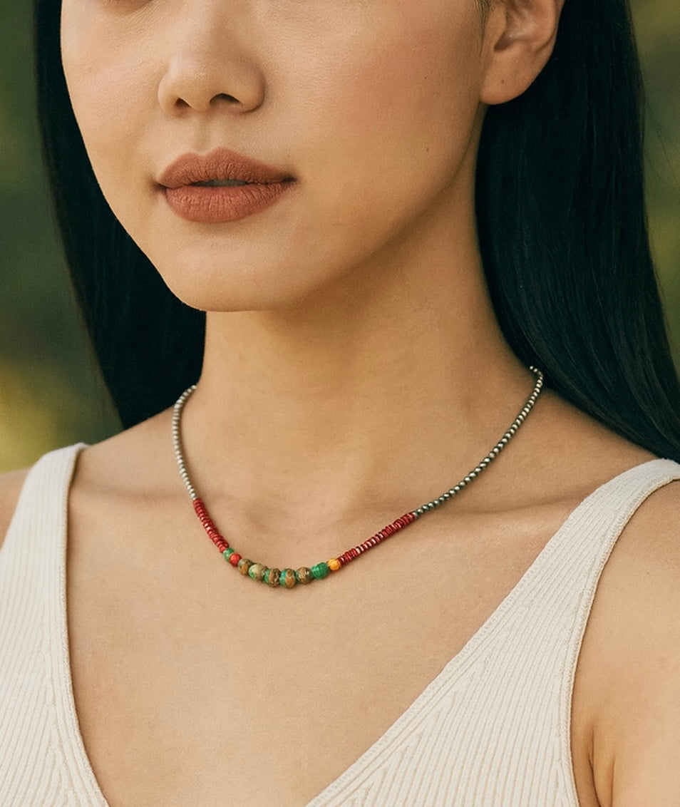 16" to 21" Long, Handmade Clustered Gemstone & 4mm Silver Navajo Bead Necklace 739595
