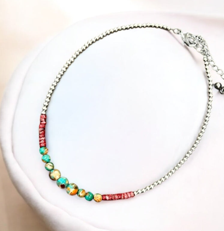 16" to 21" Long, Handmade Clustered Gemstone & 4mm Silver Navajo Bead Necklace 739595