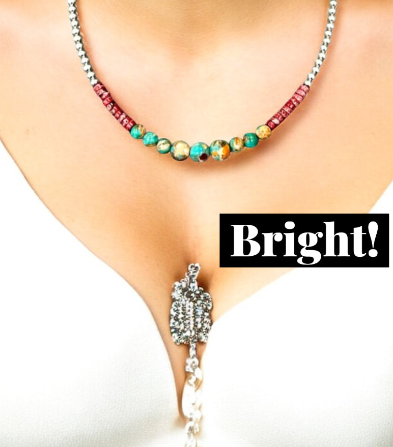 16" to 21" Long, Handmade Clustered Gemstone & 4mm Silver Navajo Bead Necklace 739595