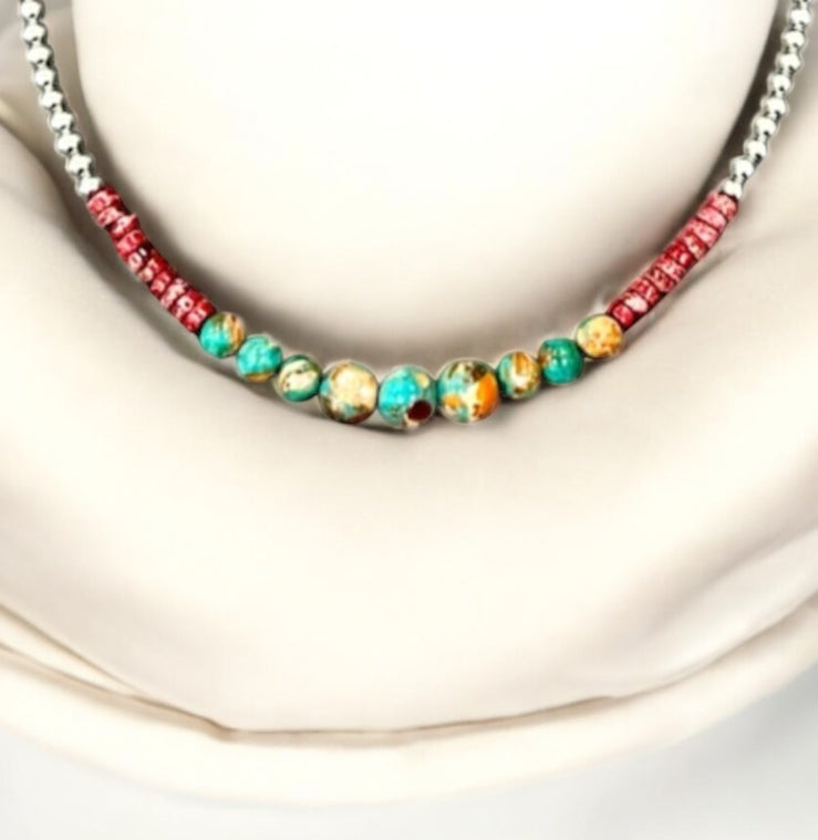 16" to 21" Long, Handmade Clustered Gemstone & 4mm Silver Navajo Bead Necklace 739595