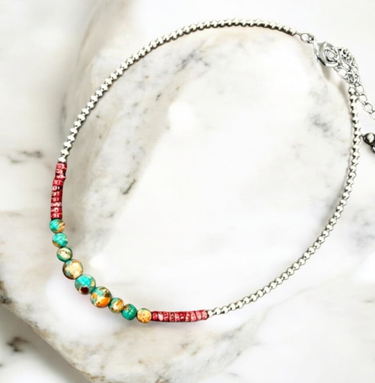 16" to 21" Long, Handmade Clustered Gemstone & 4mm Silver Navajo Bead Necklace 739595