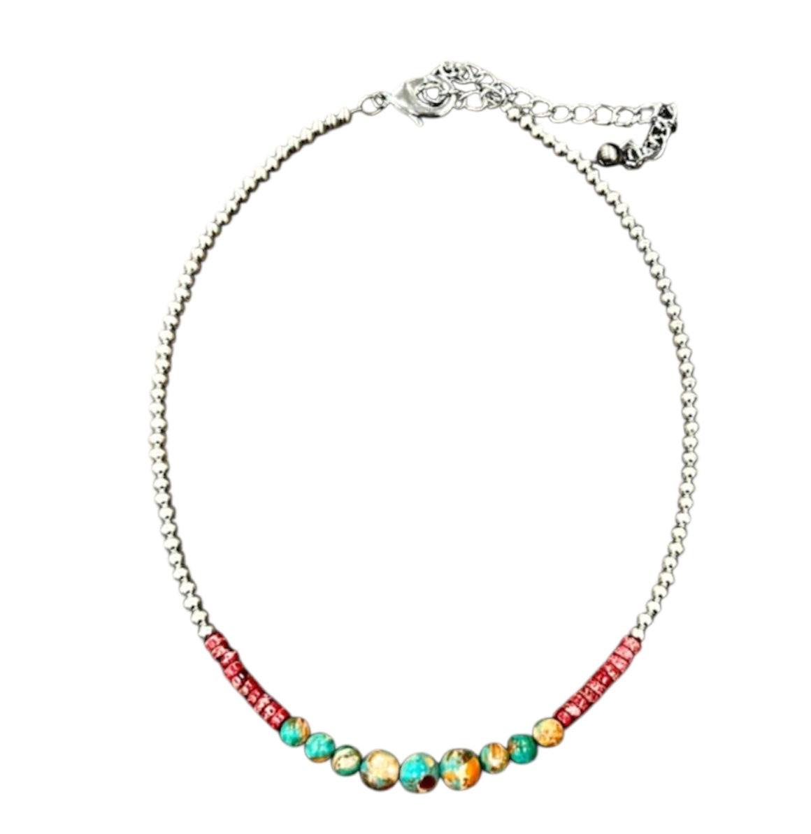 16" to 21" Long, Handmade Clustered Gemstone & 4mm Silver Navajo Bead Necklace 739595