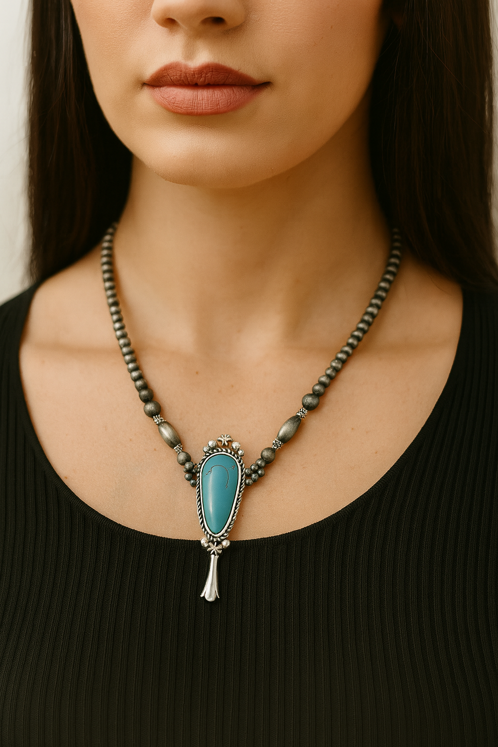 15"–20" Handmade Navajo Bead Necklace with Squash Naja Turquoise Pendant 739630