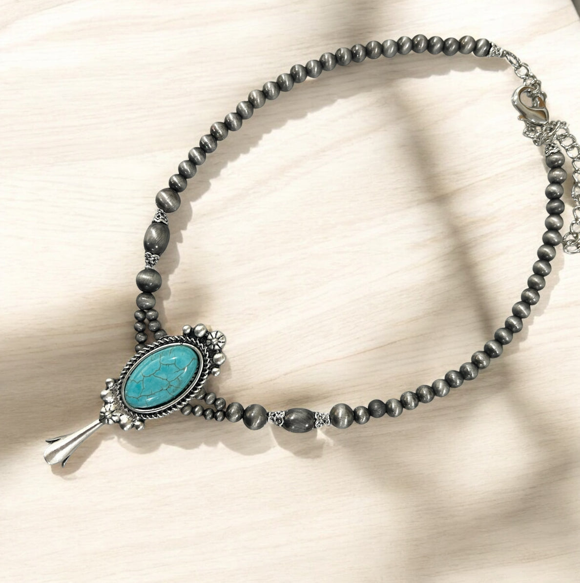 15"–20" Handmade Navajo Bead Necklace with Squash Naja Turquoise Pendant 739631