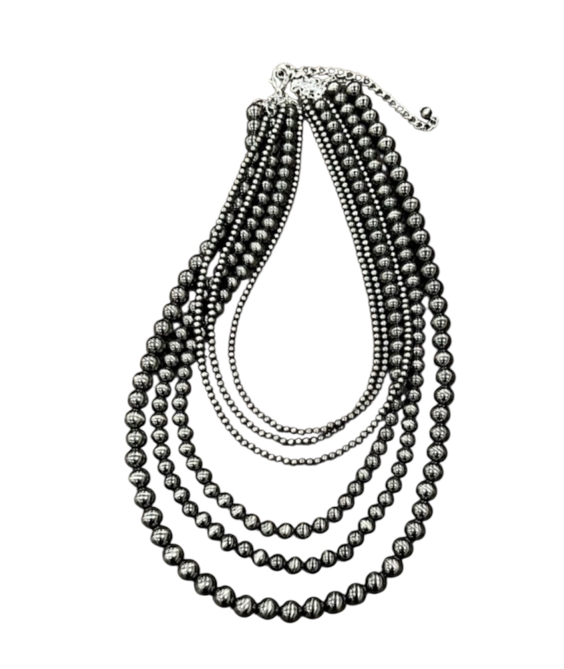 Long, Handmade 6-Strand Polish Navajo Bead Necklace, Layered Western Cowgirl Jewelry, Boho Silver Bead Southwestern Necklace739650