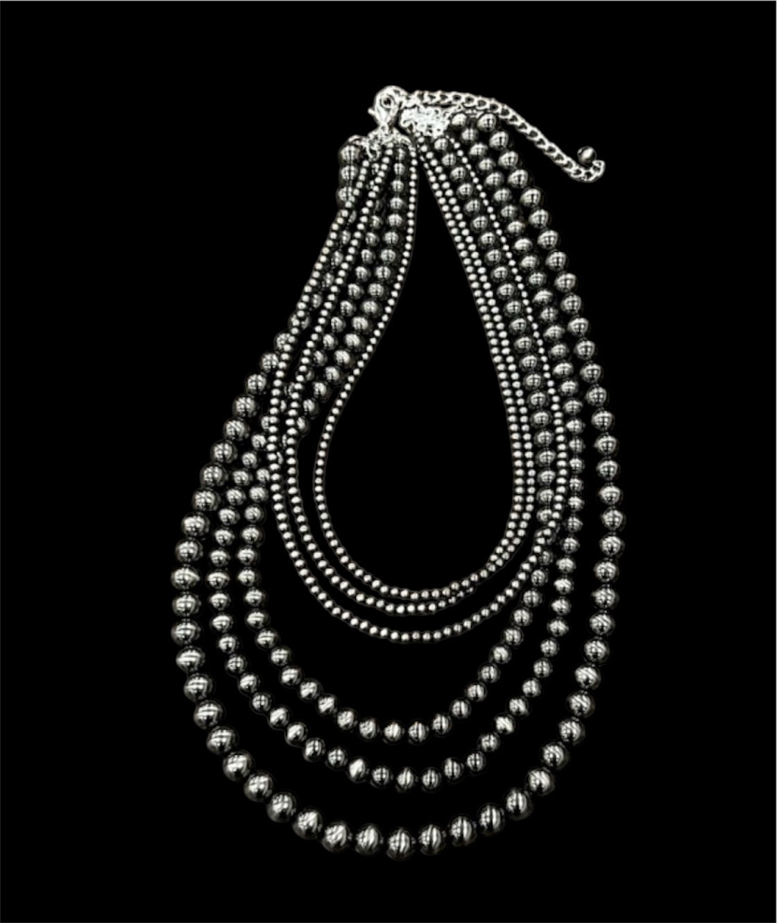 Long, Handmade 6-Strand Polish Navajo Bead Necklace, Layered Western Cowgirl Jewelry, Boho Silver Bead Southwestern Necklace739650