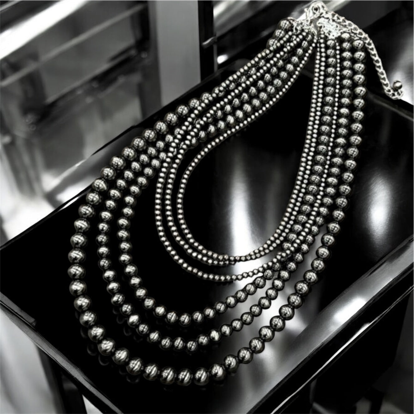 Long, Handmade 6-Strand Polish Navajo Bead Necklace, Layered Western Cowgirl Jewelry, Boho Silver Bead Southwestern Necklace739650