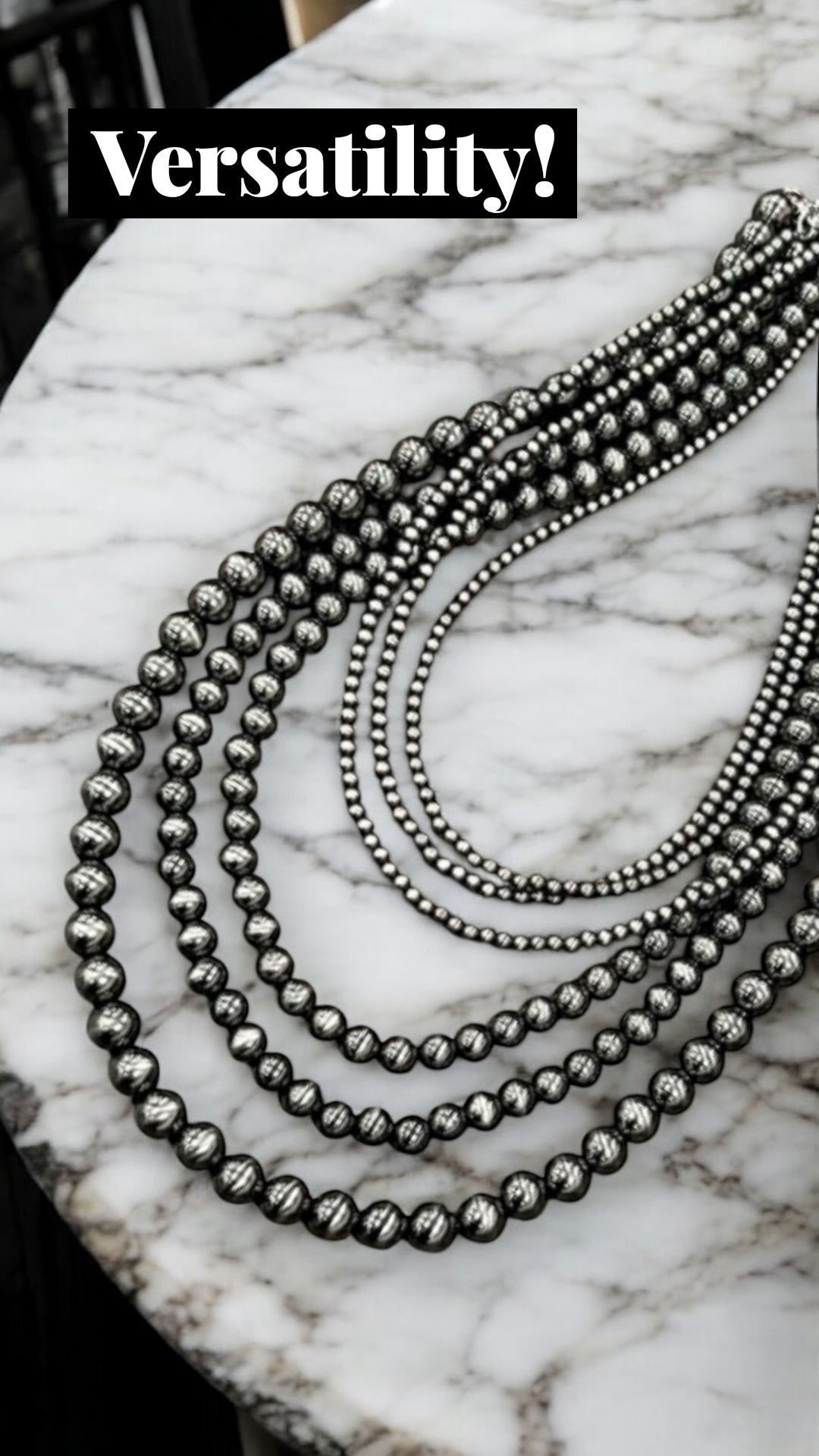 Long, Handmade 6-Strand Polish Navajo Bead Necklace, Layered Western Cowgirl Jewelry, Boho Silver Bead Southwestern Necklace739650