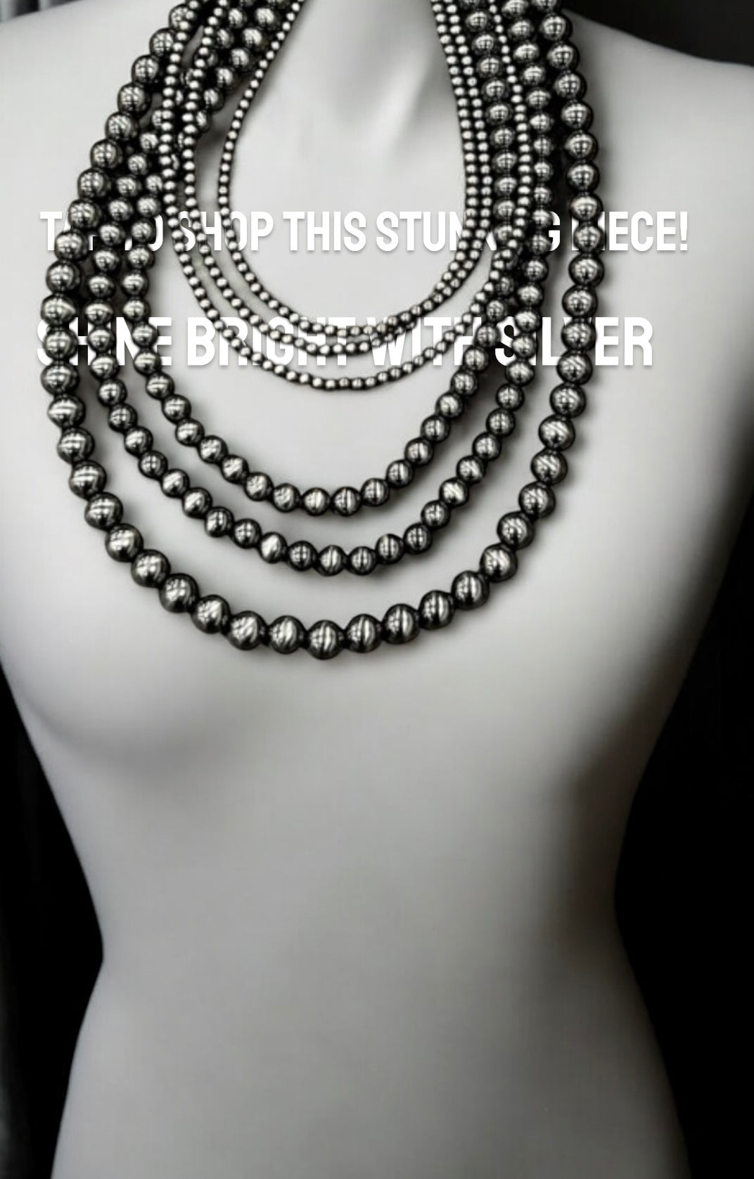 Long, Handmade 6-Strand Polish Navajo Bead Necklace, Layered Western Cowgirl Jewelry, Boho Silver Bead Southwestern Necklace739650