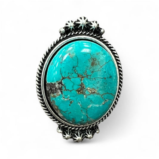 Big! 1.5" Long Turquoise Ring, Brass Dual Adjustable Band, Antique Silver Plate 750187