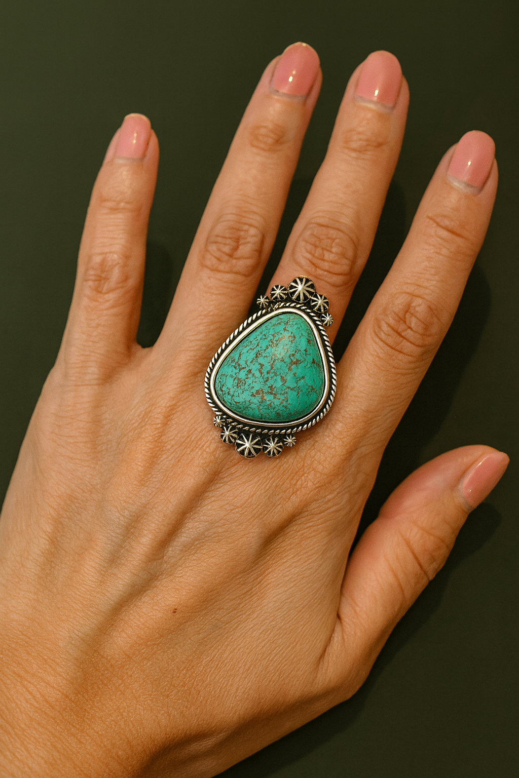 Big! 1.5" Long Turquoise Adjustable Ring, Brass Dual Band 750223