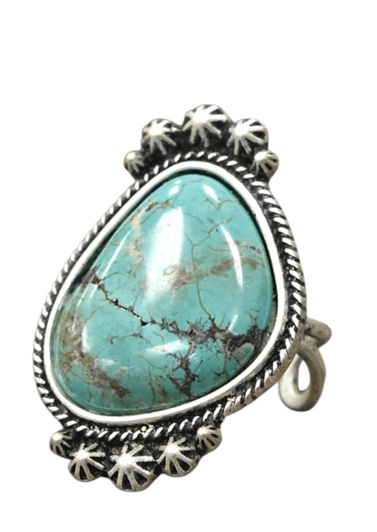 Big! 1.5" Long Turquoise Adjustable Ring, Brass Dual Band 750223