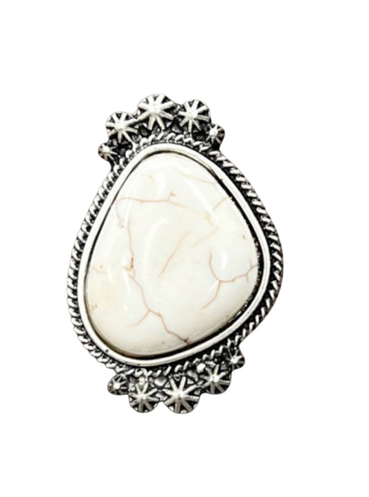 Big! 1.5" Long White Turquoise Adjustable Ring, Brass Dual Band 750263