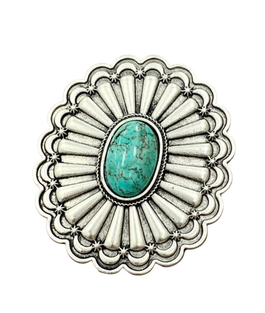 Big! 2.5" Long, Concho Turquoise Ring – Brass Dual Adjustable Band, Antique Silver Plated, Western Statement Jewelry 750329