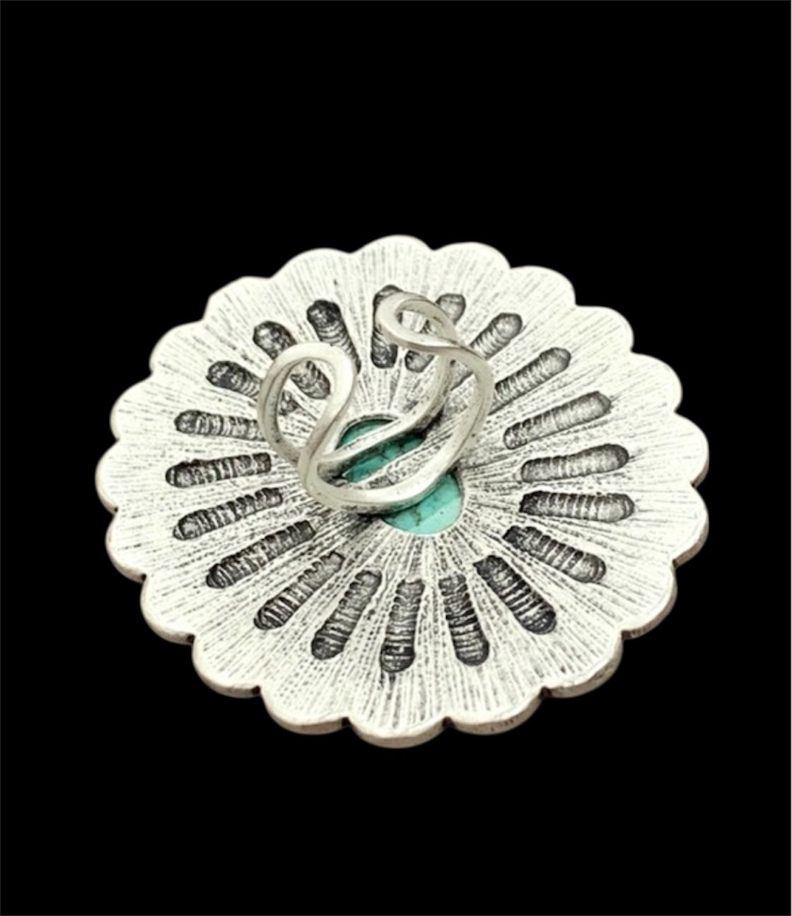 Big! 2.5" Long, Concho Turquoise Ring – Brass Dual Adjustable Band, Antique Silver Plated, Western Statement Jewelry 750329