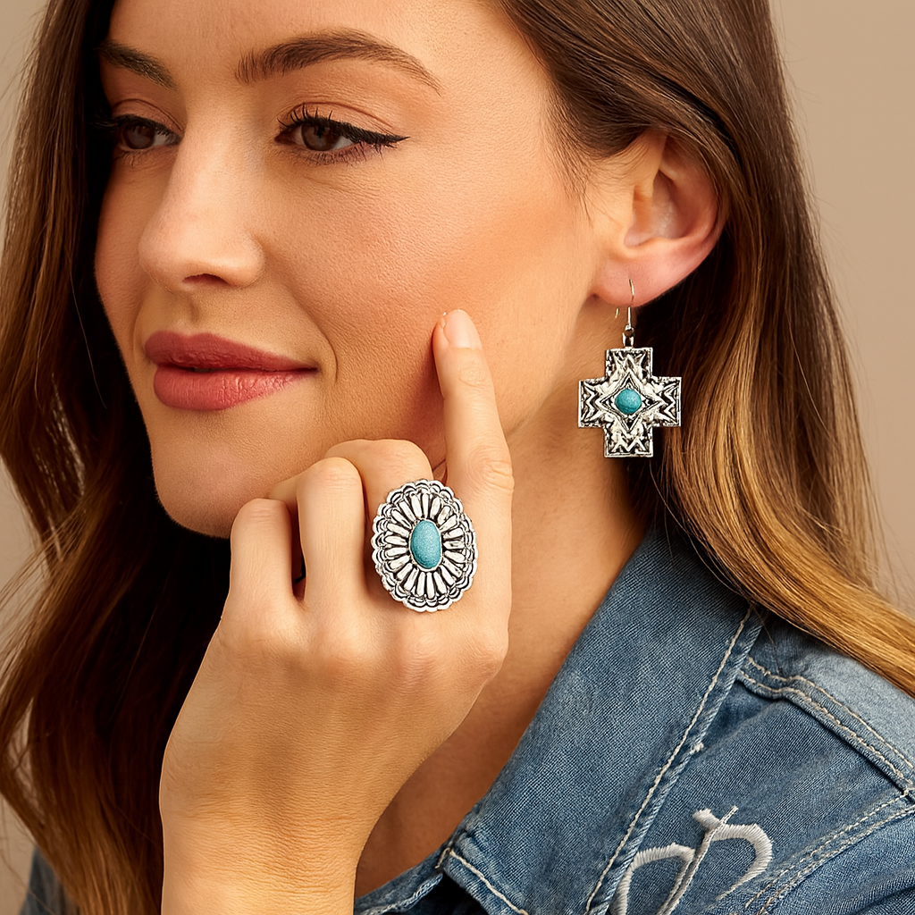 Big! 2.5" Long, Concho Turquoise Ring – Brass Dual Adjustable Band, Antique Silver Plated, Western Statement Jewelry 750329