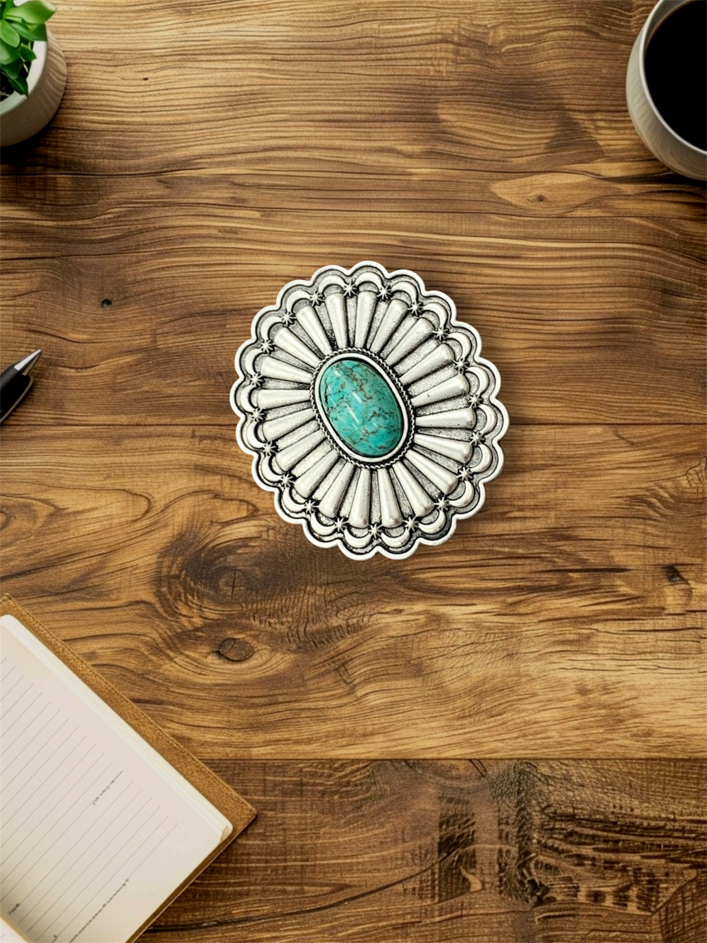 Big! 2.5" Long, Concho Turquoise Ring – Brass Dual Adjustable Band, Antique Silver Plated, Western Statement Jewelry 750329