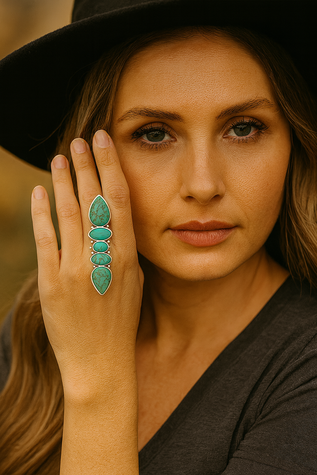 3.2" Long Navajo Turquoise Ring – Brass Dual Adjustable Band 750436