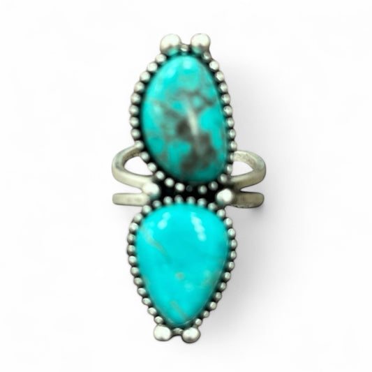 1.5" Long Navajo Turquoise Ring, Brass Dual Adjustable Band, Antique Silver Plate 750456