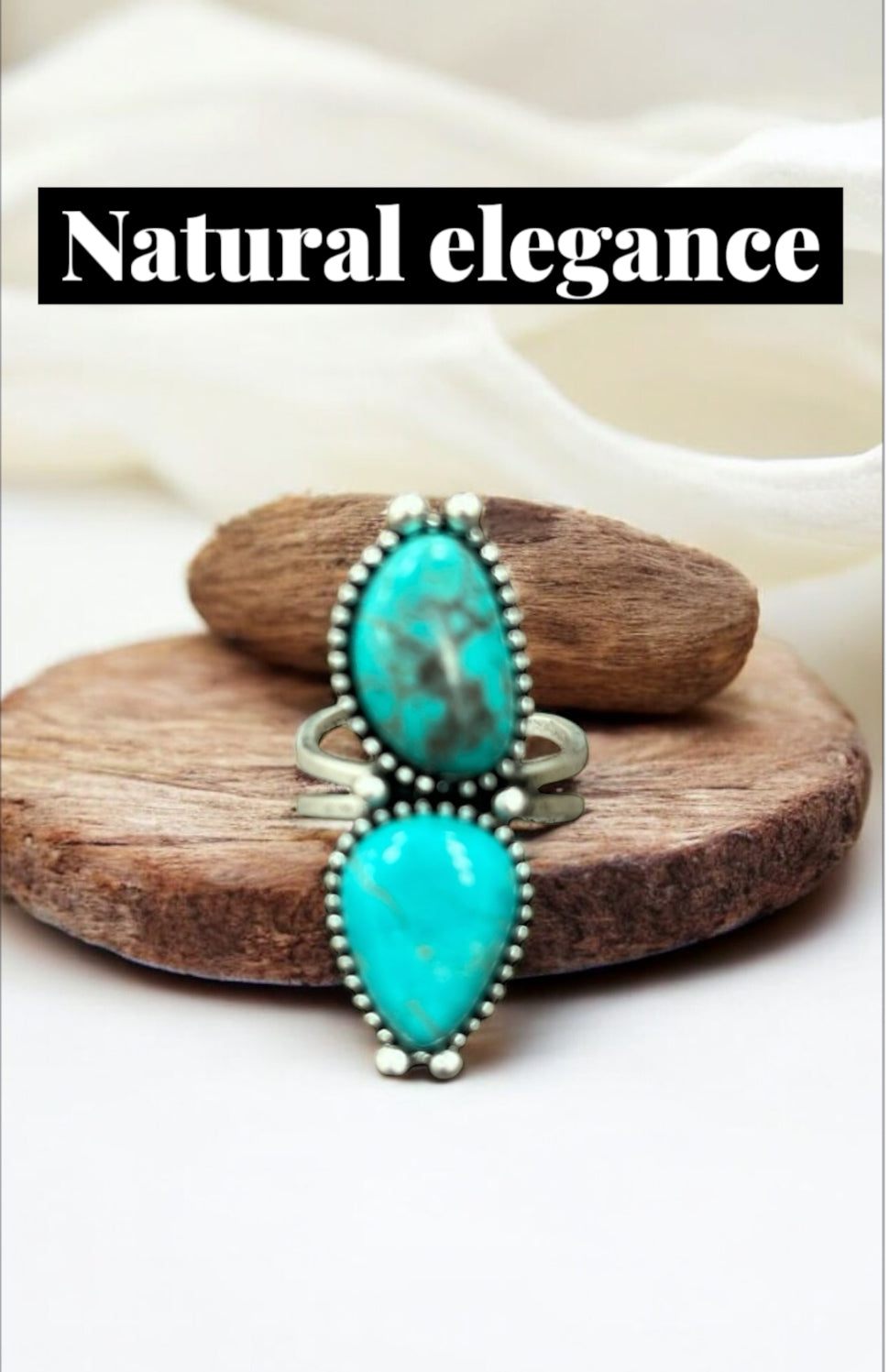 1.5" Long Navajo Turquoise Ring, Brass Dual Adjustable Band, Antique Silver Plate 750456
