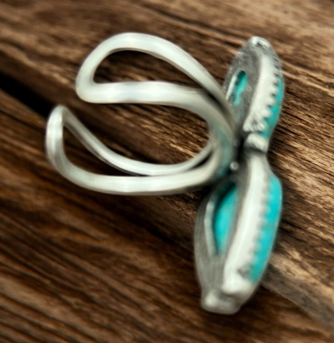 1.5" Long Navajo Turquoise Ring, Brass Dual Adjustable Band, Antique Silver Plate 750456