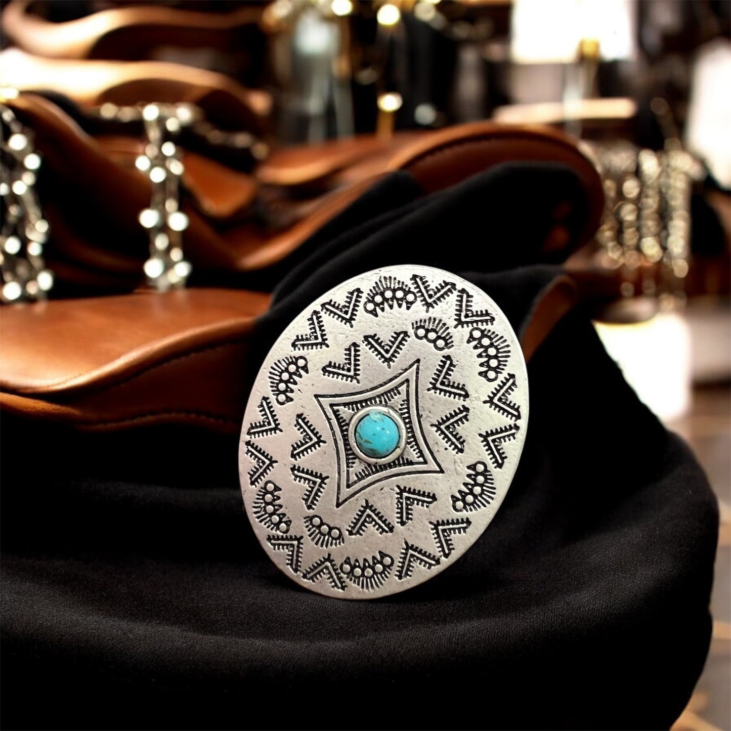 Big 2" Long Concho Turquoise Ring, Brass Dual Adjustable Band, Western Boho Cowgirl Jewelry