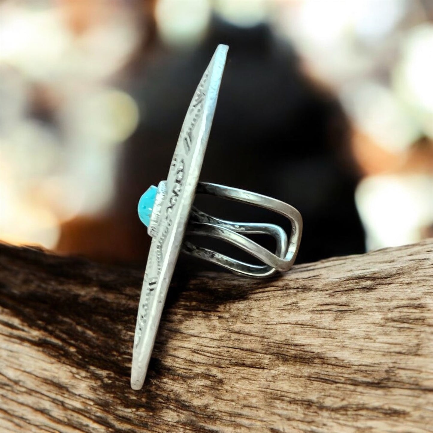 Big 2" Long Concho Turquoise Ring, Brass Dual Adjustable Band, Western Boho Cowgirl Jewelry