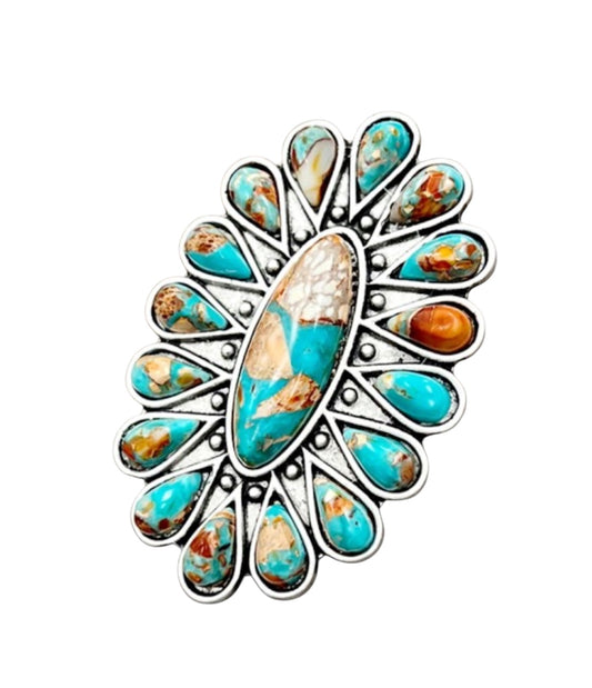 Big! 2.3" Long, Navajo Gemstone Ring – Brass Dual Adjustable Band, Antique Silver Plated, Western Jewelry 750485