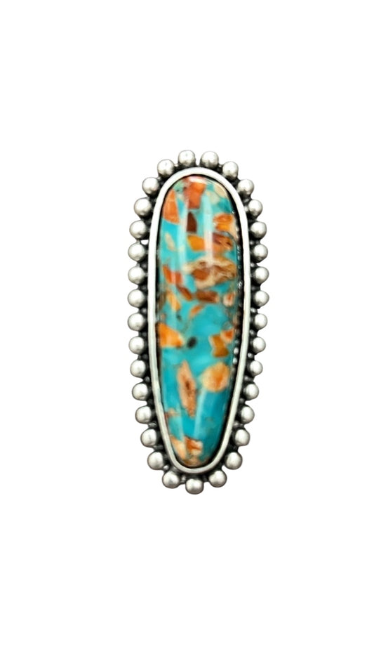 2.6" Long, Very-Big Gemstone Ring, Brass Dual Adjustable Band, Antique Silver Plate 750509