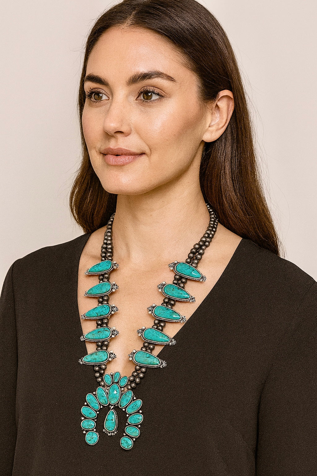 30" Long Handmade Very-Big Squash Blossom Turquoise Necklace 731751