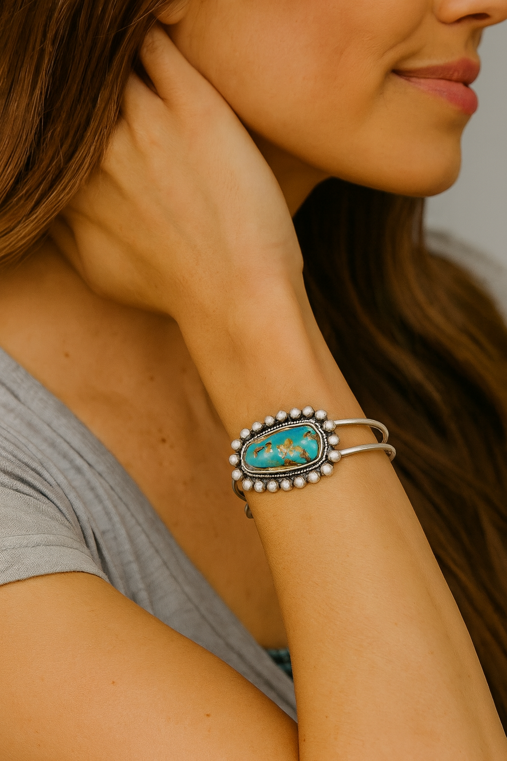 Natural Gemstone Brass Cuff Bracelet – Split Shank Design, Antique Silver Plated 711646