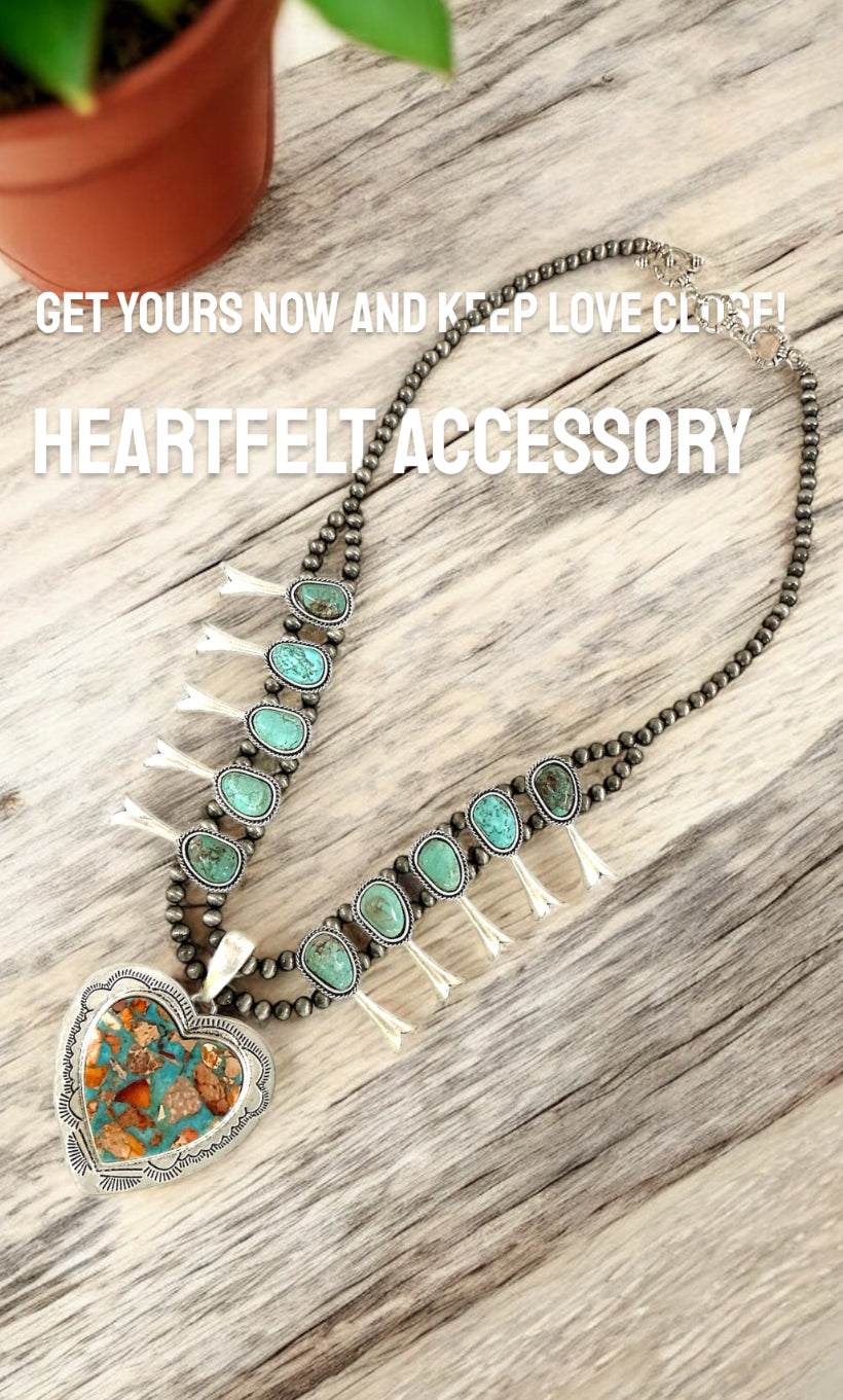 32" Long Handmade Full Squash Blossom Turquoise Necklace – Heart Pendant 732530-1