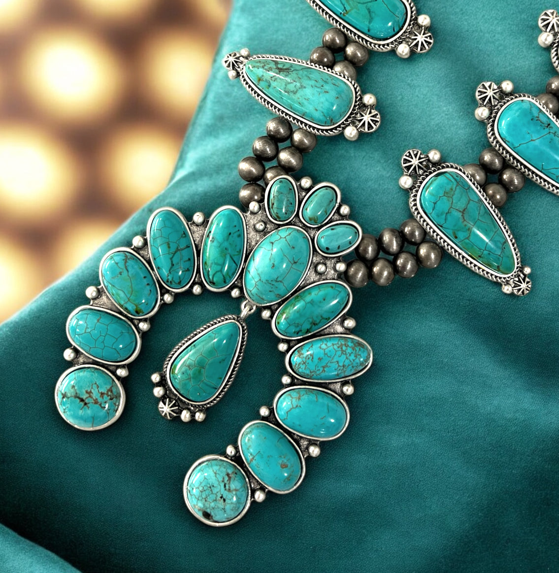 30" Long Handmade Very-Big Squash Blossom Turquoise Necklace 731751