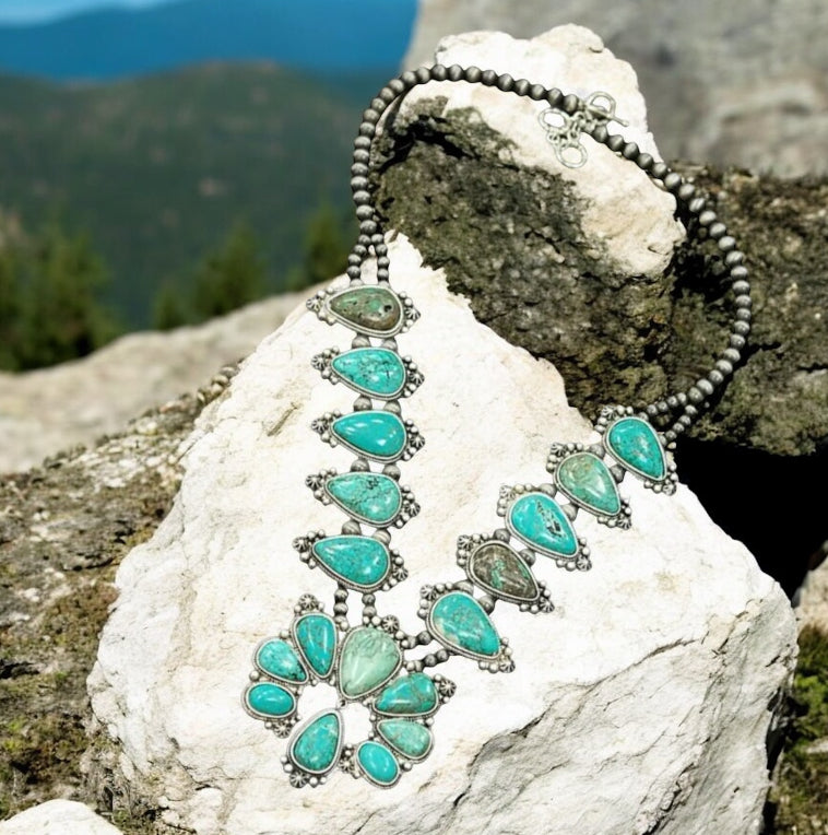 32-inch Squash Blossom Turquoise Necklace 731657