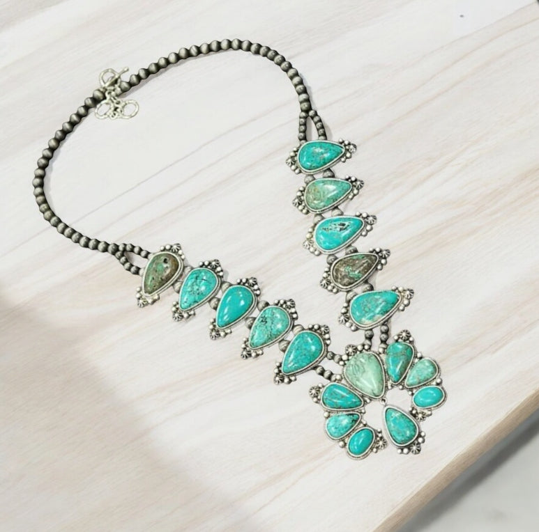 32-inch Squash Blossom Turquoise Necklace 731657
