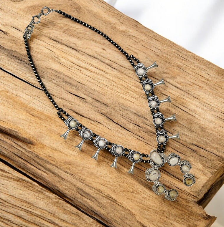 24 Inch Long Squash Blossom White Turquoise Necklace 732630