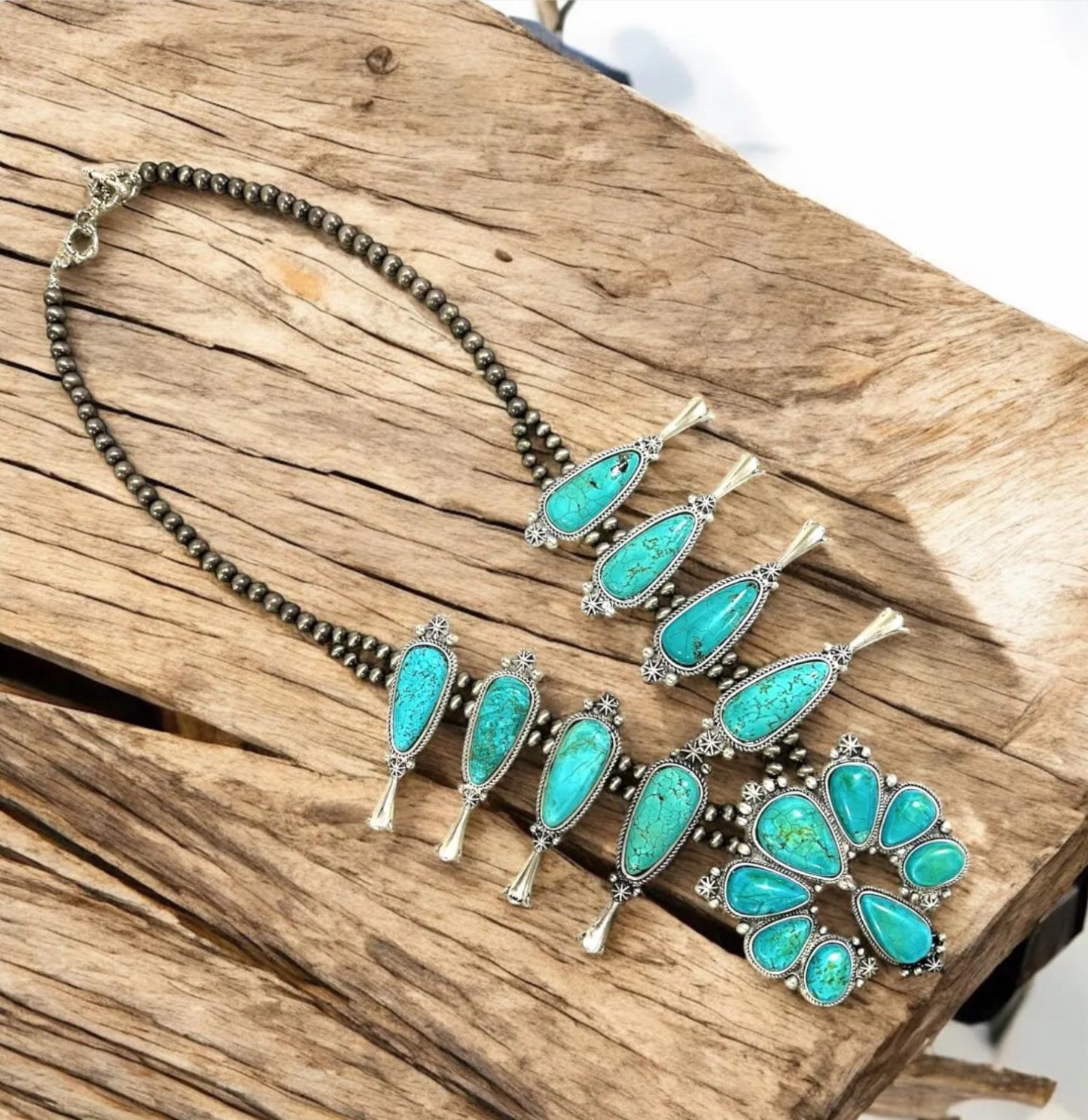 32 Inch Long Squash Blossom Turquoise Necklace – Western Statement Jewelry with Navajo Style Beads 731657-1