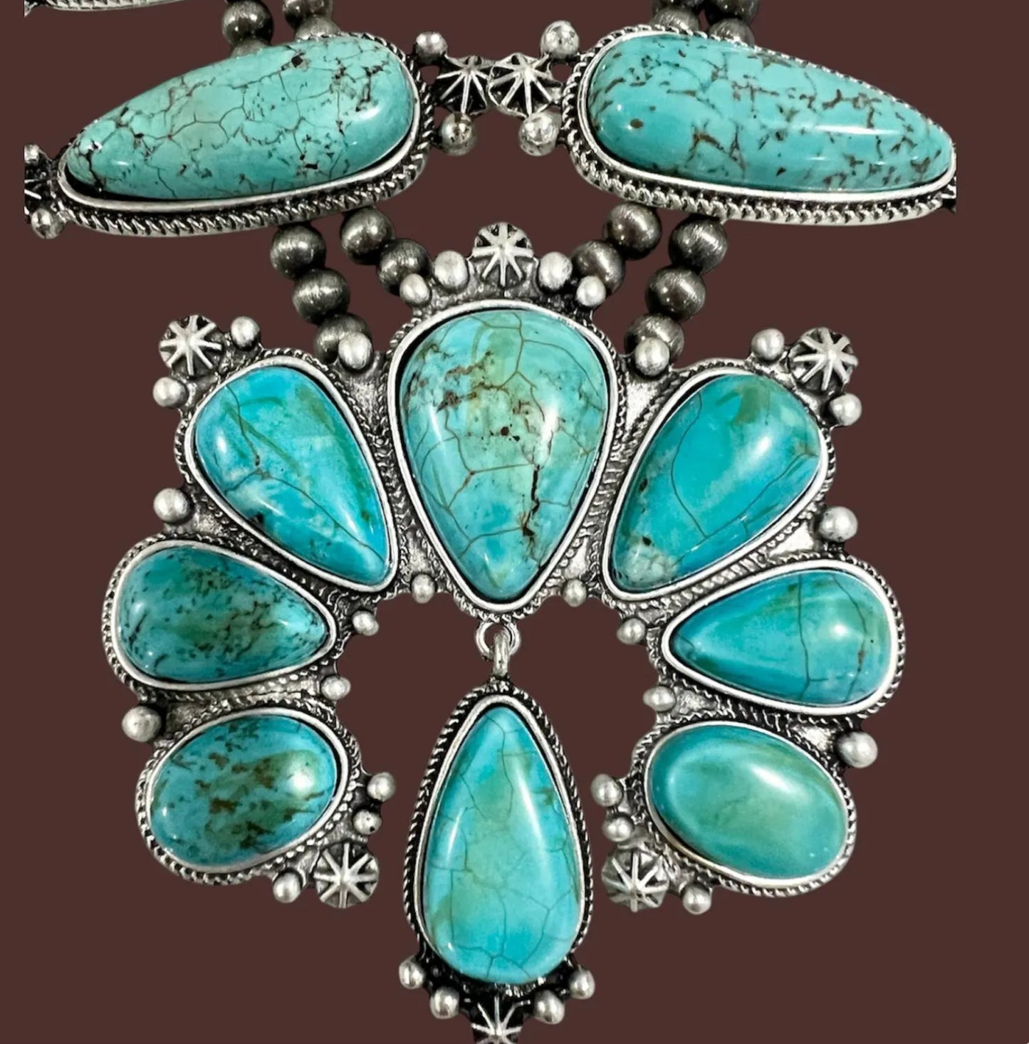 32 Inch Long Squash Blossom Turquoise Necklace – Western Statement Jewelry with Navajo Style Beads 731657-1