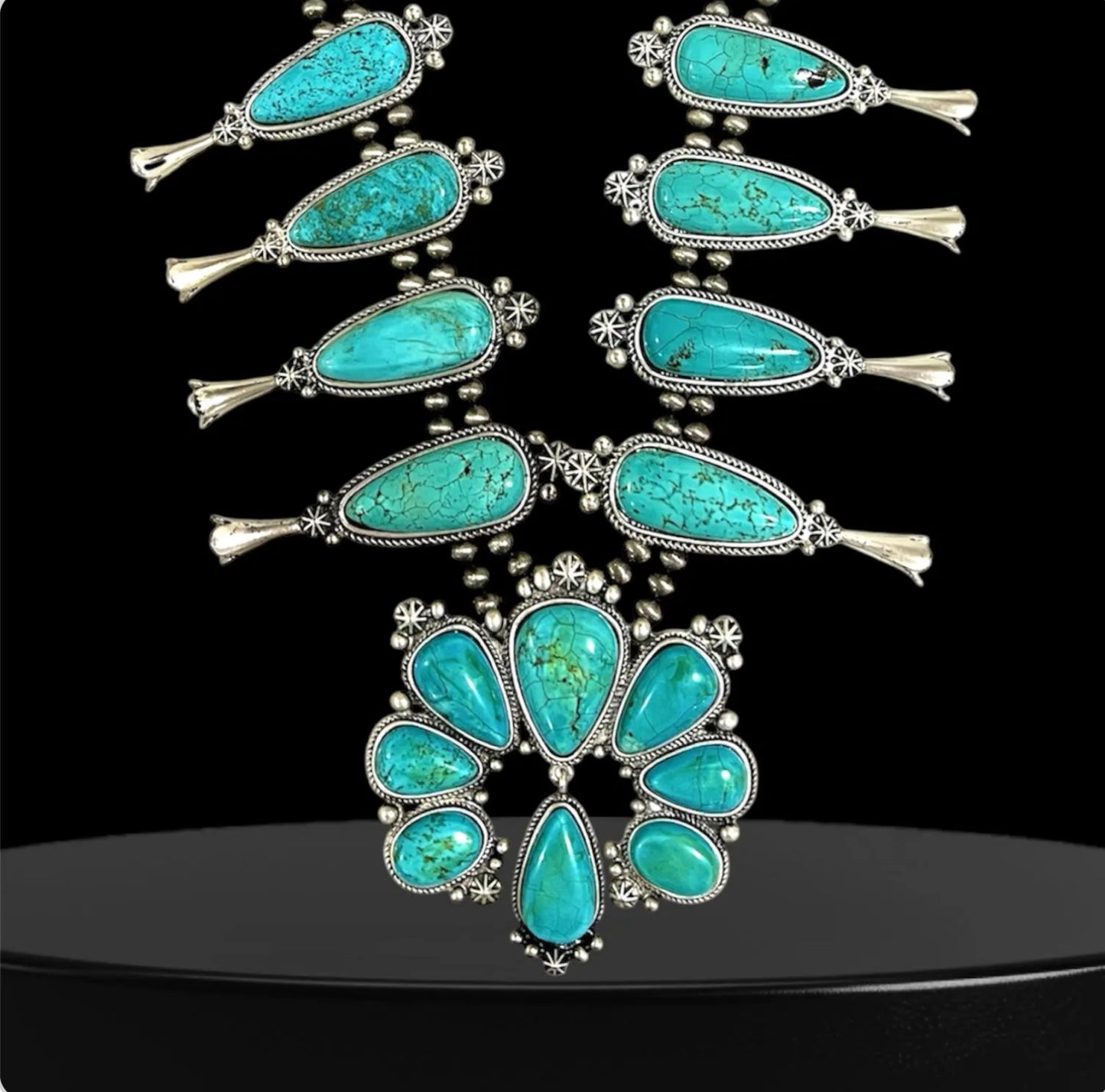 32 Inch Long Squash Blossom Turquoise Necklace – Western Statement Jewelry with Navajo Style Beads 731657-1