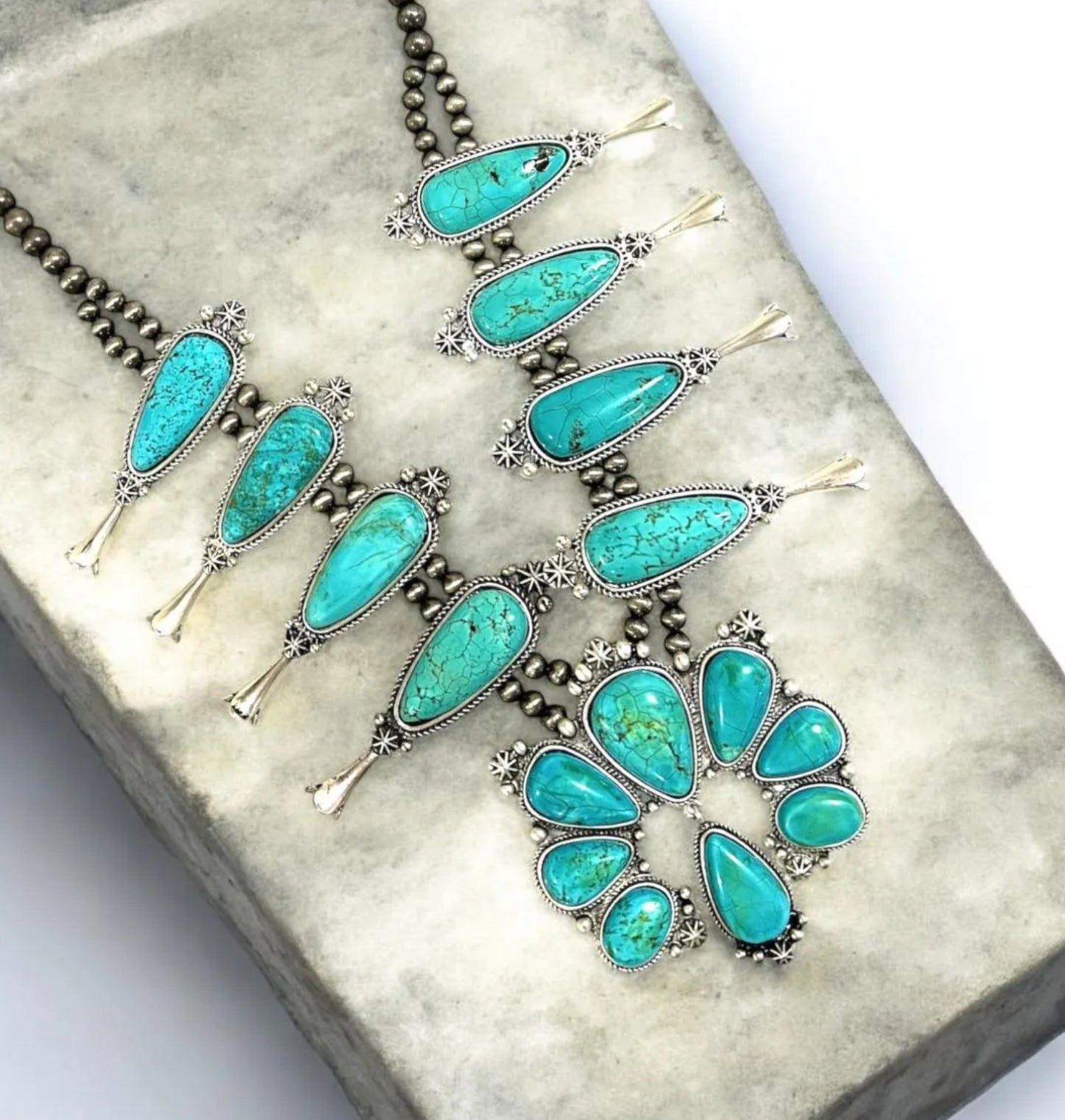 32 Inch Long Squash Blossom Turquoise Necklace – Western Statement Jewelry with Navajo Style Beads 731657-1