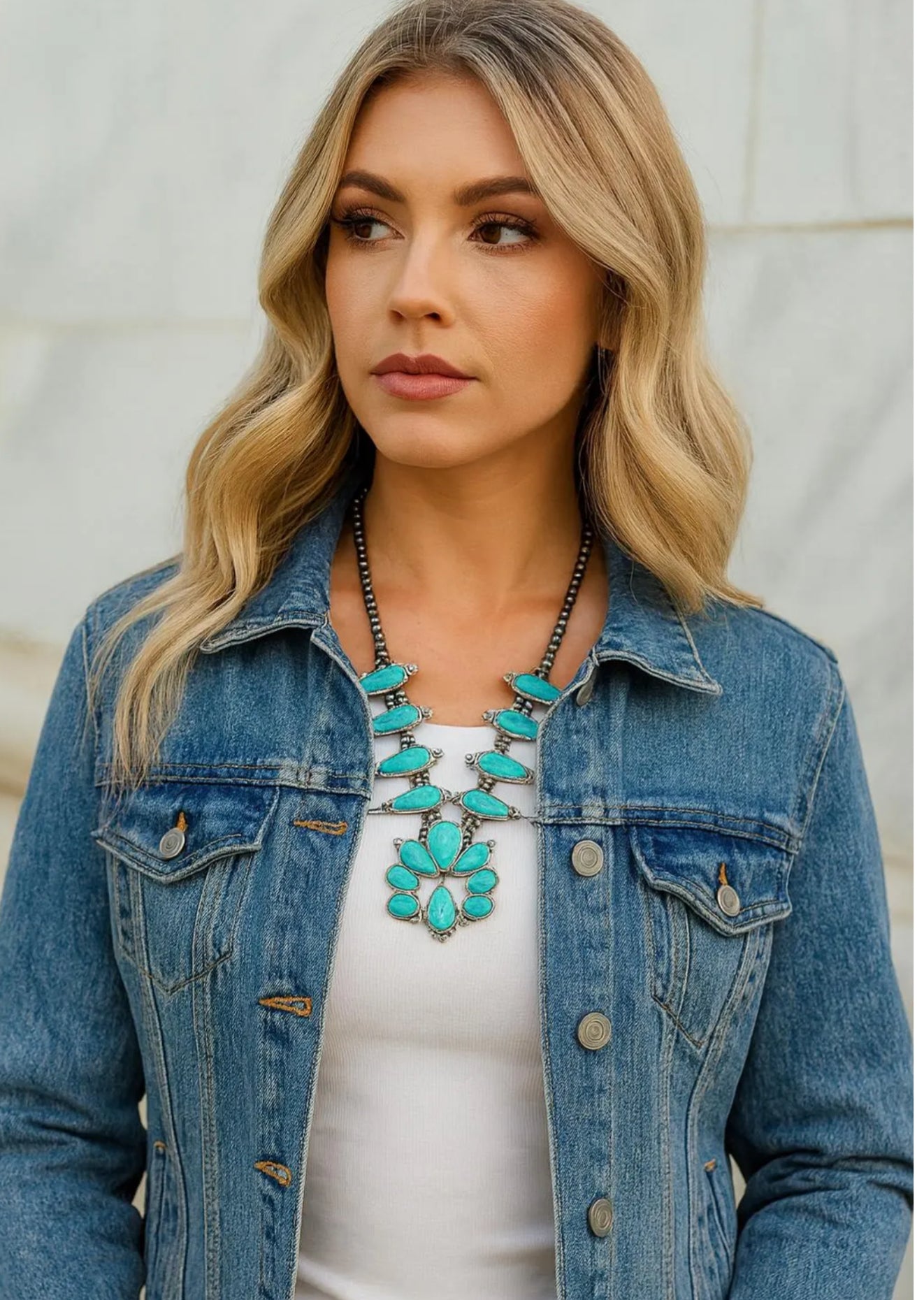 32 Inch Long Squash Blossom Turquoise Necklace – Western Statement Jewelry with Navajo Style Beads 731657-1