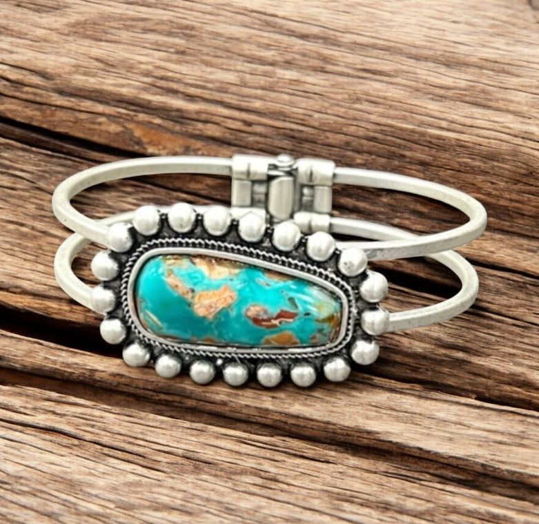 Natural Gemstone Brass Cuff Bracelet – Split Shank Design, Antique Silver Plated 711646
