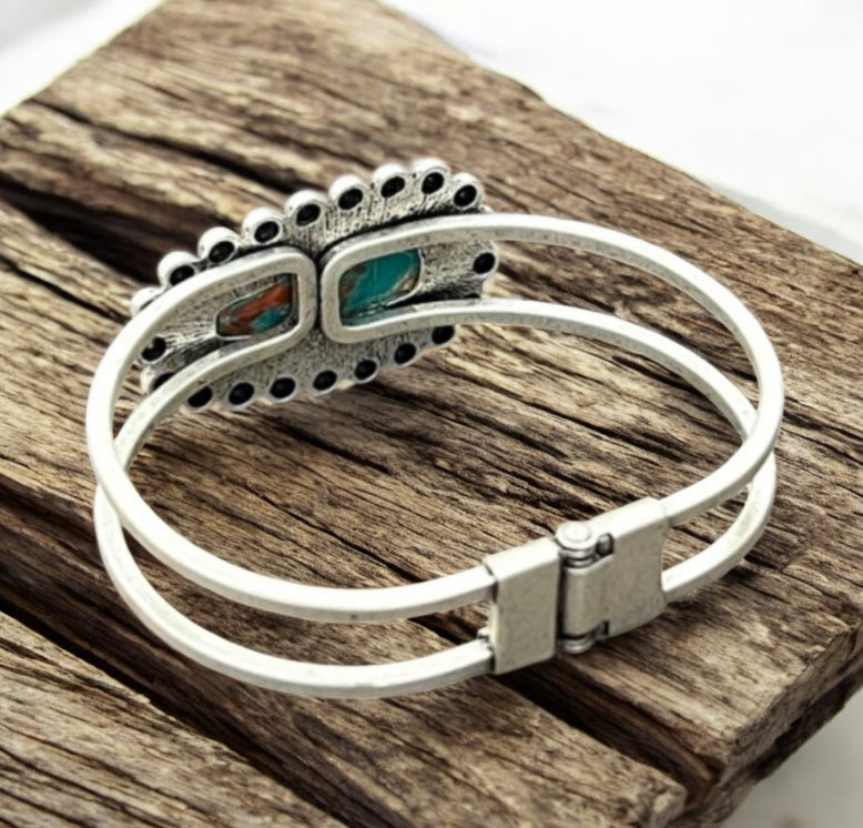 Natural Gemstone Brass Cuff Bracelet – Split Shank Design, Antique Silver Plated 711646