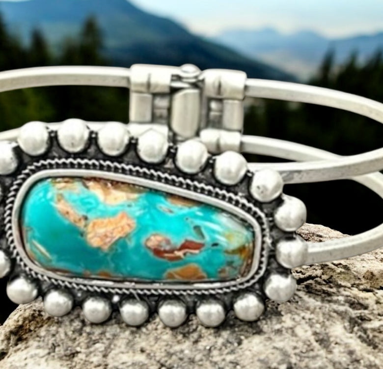 Natural Gemstone Brass Cuff Bracelet – Split Shank Design, Antique Silver Plated 711646