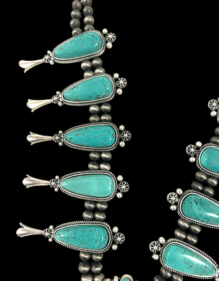 Western Violet-Point Squash Blossom Necklace, Natural Stone Purple Accent Statement Jewelry